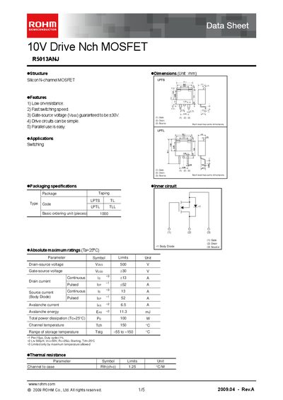 ROHM R5013ANJ Datasheet - cover page