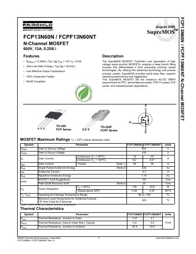 Fairchild SupreMOS FCP13N60N/FCPF13N60NT N-Channel MOSFET Datasheet - cover page
