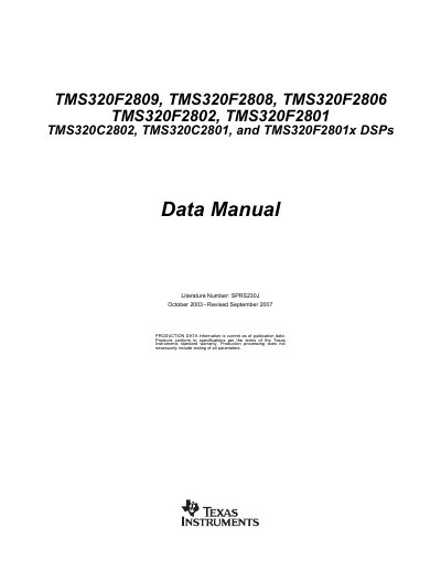 TEXAS INSTRUMENTS TMS320F2809 TMS320F2808 TMS320F2806 TMS320F2802 TMS320F2801 TMS320C2802 TMS320C2801 TMS320F2801x DSPs Manual - cover page