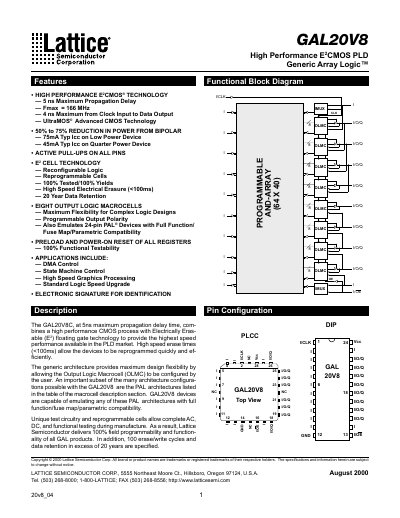 Lattice GAL20V8 Datasheet - cover page