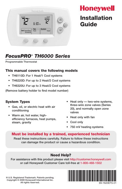 Honeywell FocusPRO TH6000 Series Installation Guide - cover page