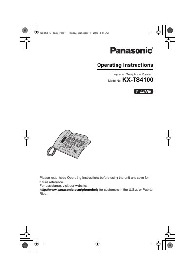Panasonic KX-TS4100 Integrated Telephone System Operating Instructions - cover page