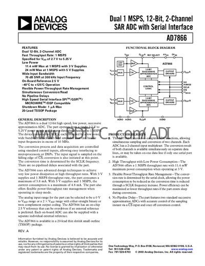 Analog Devices AD7866 Dual 12‑Bit SAR ADC Datasheet - cover page