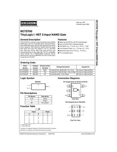 Fairchild NC7ST00 TinyLogic HST 2-Input NAND Gate Datasheet - cover page