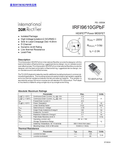 International Rectifier IRFI9610GPbF HEXFET Power MOSFET Datasheet - cover page