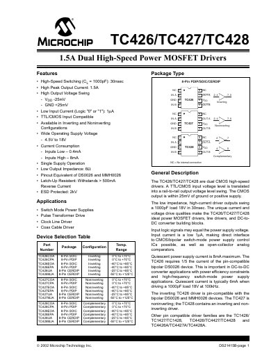 Microchip TC426/TC427/TC428 Dual High-Speed Power MOSFET Drivers Datasheet - cover page