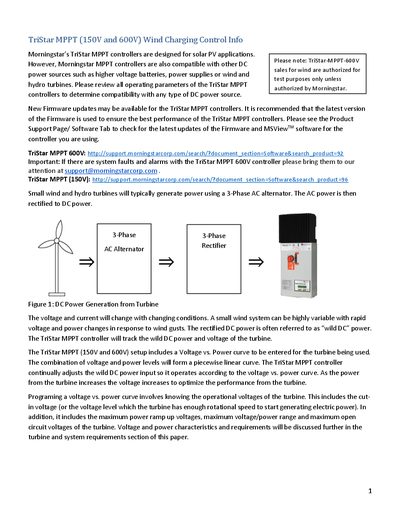 Morningstar TriStar MPPT Controller (150V and 600V) Wind Charging Control Info - cover page