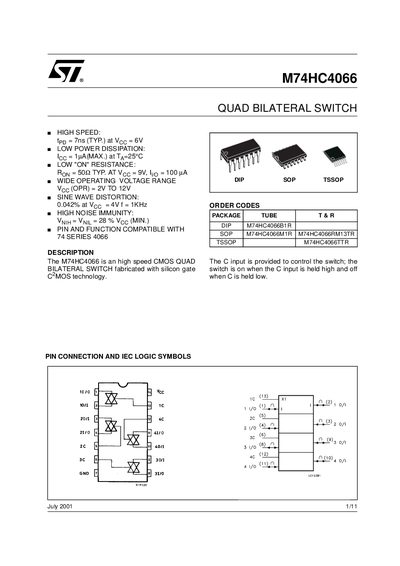 STMicroelectronics M74HC4066 Quad Bilateral Switch Datasheet - cover page