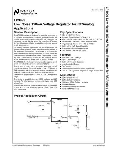 National Semiconductor LP3999 Low Noise 150mA Voltage Regulator Datasheet - cover page
