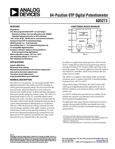 Analog Devices AD5273 Digital Potentiometer Datasheet