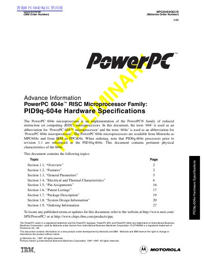 Motorola MPC604E9QEC/D PowerPC 604e RISC Microprocessor Hardware Specifications Datasheet - cover page