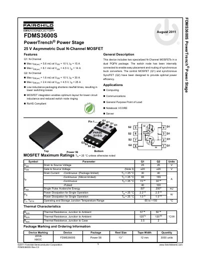 Fairchild FDMS3600S PowerTrench Power Stage Datasheet - cover page
