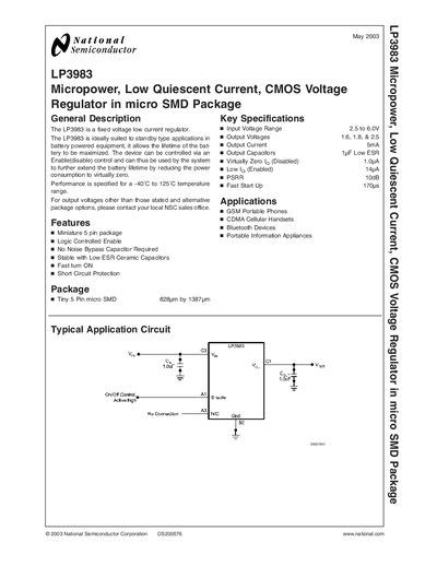 National Semiconductor LP3983 Micropower Low Quiescent CMOS Voltage Regulator Datasheet - cover page