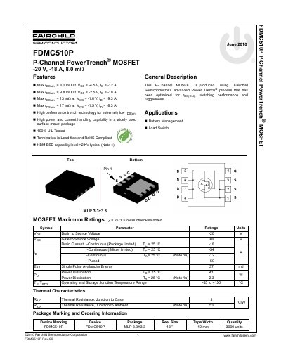 Fairchild Semiconductor FDMC510P P-Channel MOSFET Datasheet - cover page