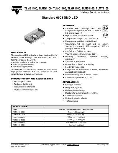Vishay TLMB1100/TLMG1100/TLMO1100/TLMP1100/TLMS1100/TLMY1100 LED Series Datasheet - cover page