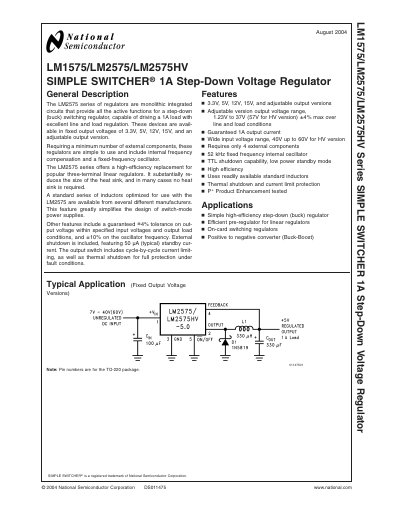 National Semiconductor LM1575/LM2575/LM2575HV Simple Switcher 1A Step-Down Voltage Regulator Datasheet