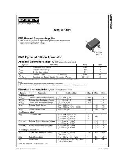 Fairchild MMBT5401 PNP General Purpose Amplifier Datasheet - cover page