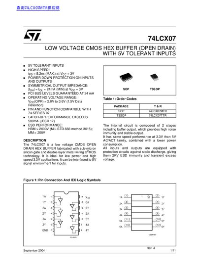 STMicroelectronics 74LCX07 Low Voltage CMOS Hex Buffer Datasheet - cover page