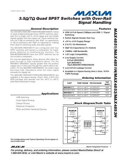 Maxim MAX4851/MAX4851H/MAX4853/MAX4853H Quad SPST Switches with Over‑Rail Signal Handling Datasheet - cover page
