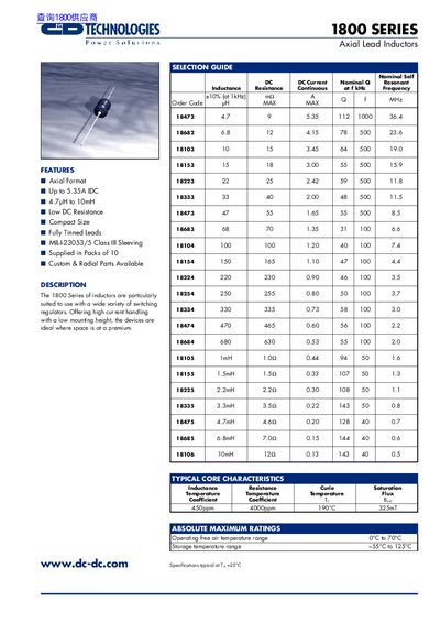 C&D Technologies 1800 Series Axial Lead Inductors Datasheet - cover page