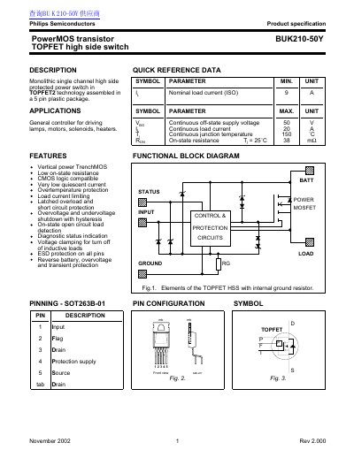 Philips BUK210-50Y TOPFET High Side Switch Datasheet - cover page