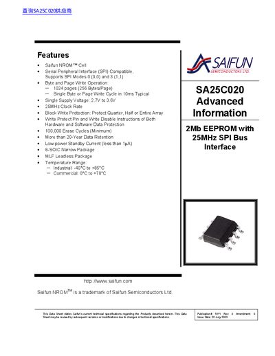 Saifun SA25C020 EEPROM Datasheet - cover page