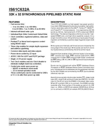 ICSI IS61C632A 32K x 32 Synchronous Pipelined Static RAM Datasheet - cover page