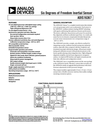 Analog Devices ADIS16367 Inertial Sensor Datasheet Rev A - cover page