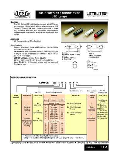 Lighting Components and Design 900/901 Series Cartridge Type Littelites LED, Incandescent and Neon Lamp Product Leaflet - cover page
