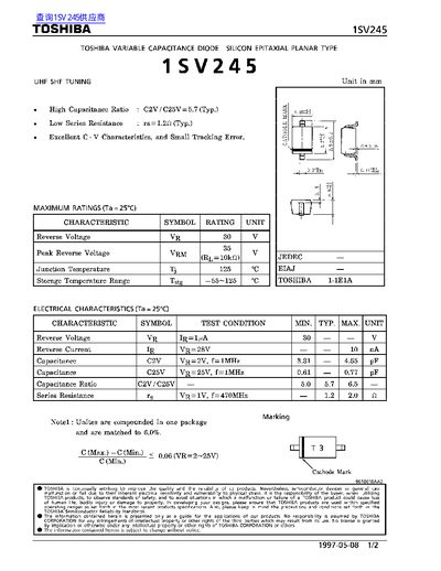TOSHIBA 1SV245 handbook - cover page