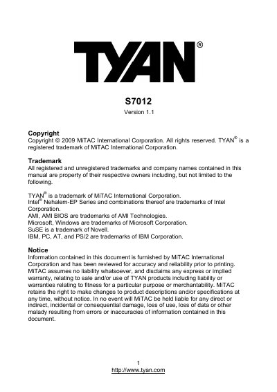 TYAN S7012 Server Motherboard User's Manual - cover page