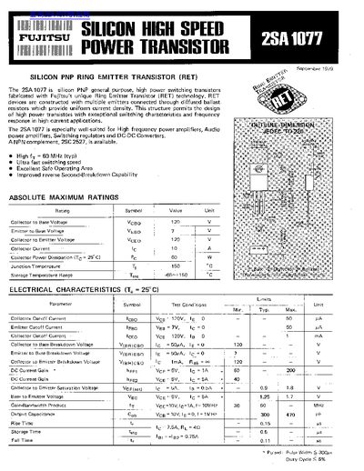 Fujitsu 2SA1077 Silicon PNP Ring Emitter Transistor Datasheet - cover page