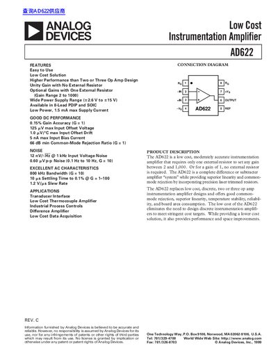 Analog Devices AD622 Instrumentation Amplifier Datasheet