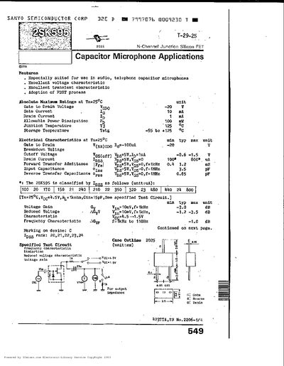 Sanyo 2SK595 Capacitor Microphone Applications Datasheet - cover page