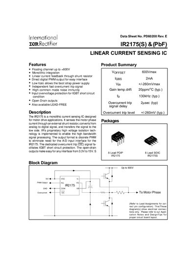 International Rectifier IR2175 Linear Current Sensing IC Datasheet - cover page