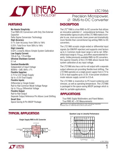 Linear Technology LTC1966 Precision Micropower RMS-to-DC Converter Datasheet - cover page