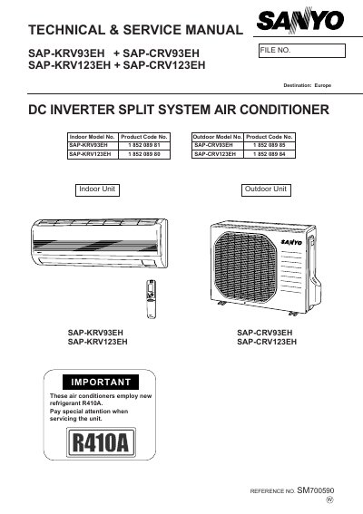 Sanyo SAP-KRV93EH & SAP-CRV93EH Split System Air Conditioner Service Manual - cover page