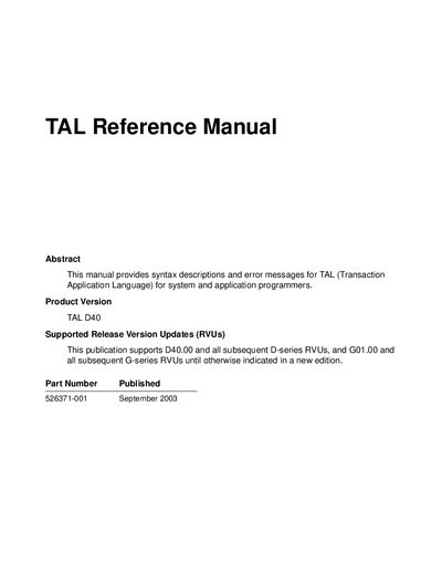 Hewlett-Packard TAL D40 Reference Manual - cover page
