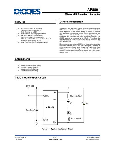 Diodes AP8801 500mA LED Step-down Converter Datasheet - cover page