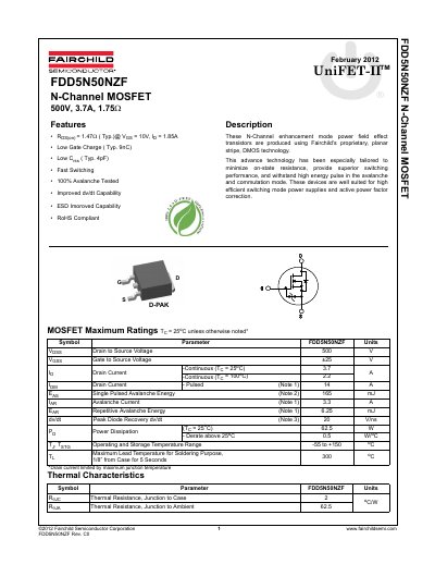 Fairchild FDD5N50NZF N-Channel MOSFET Datasheet - cover page