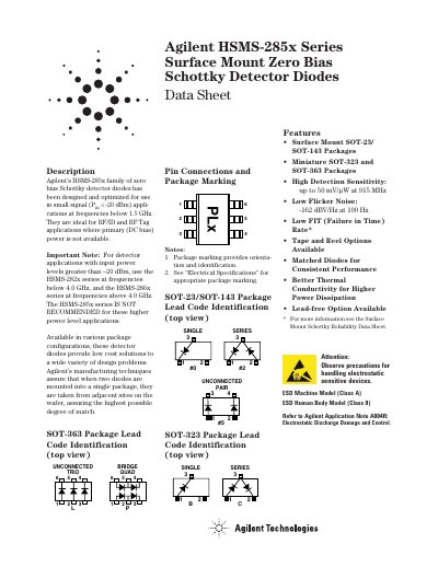 Agilent HSMS-285x Series Surface Mount Zero Bias Schottky Detector Diodes Datasheet