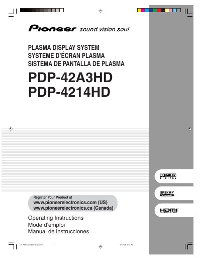 Pioneer PDP-42A3HD/PDP-4214HD Plasma Display Operating Instructions - cover page