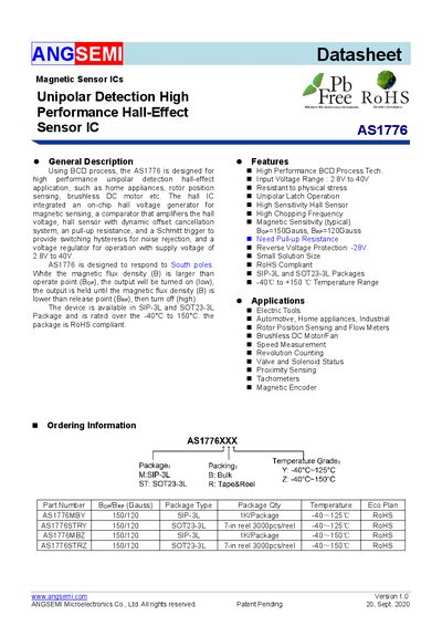 ANGSEMI AS1776 Unipolar Hall-Effect Sensor IC Datasheet - cover page