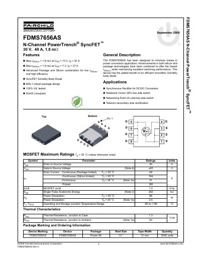 Fairchild FDMS7656AS N-Channel PowerTrench SyncFET Datasheet - cover page