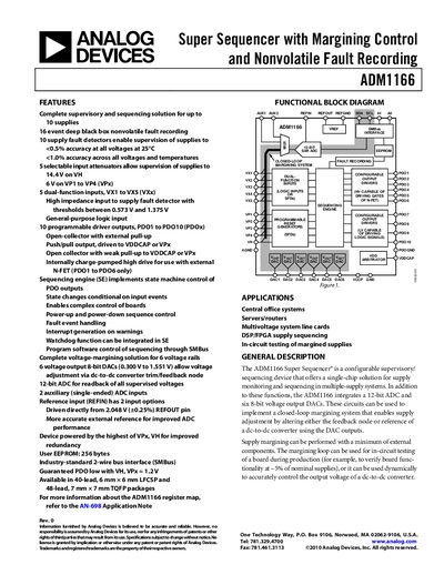 Analog Devices ADM1166 Super Sequencer with Margining Control and Nonvolatile Fault Recording Datasheet - cover page