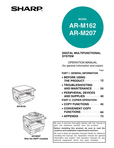 Sharp AR-M162/AR-M207 Digital Multifunctional System Operation Manual