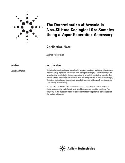 Agilent SpectrAA-40P Arsenic Determination Application Note - cover page
