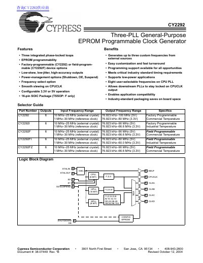 Cypress Semiconductor CY2292 Programmable Clock Generator Datasheet - cover page
