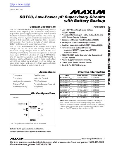 Maxim Integrated MAX6361/MAX6363/MAX6364 Supervisory Circuits Datasheet - cover page