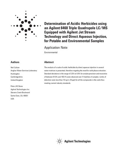 Agilent 6460 Triple Quadrupole LC/MS Determination of Acidic Herbicides Application Note - cover page